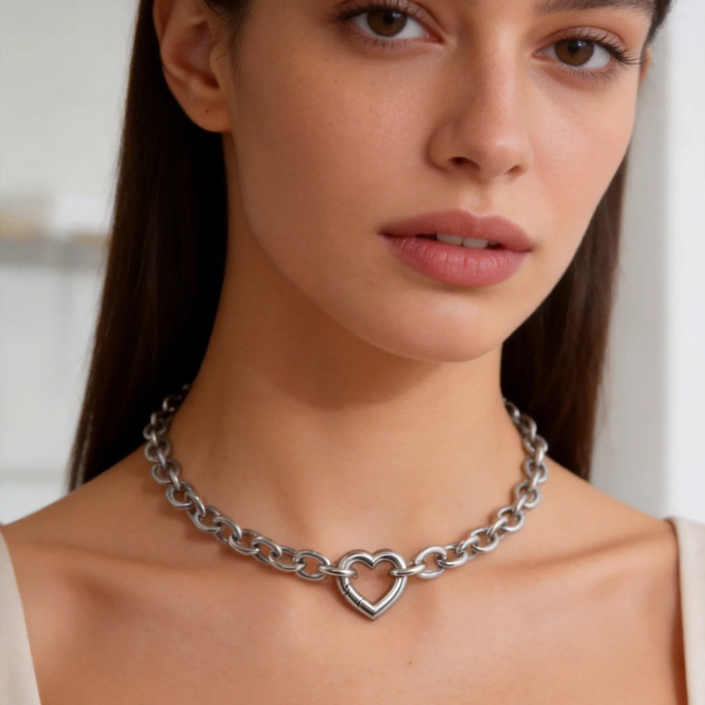 Stainless Steel Heart Clasp Choker – Chunky Curb Chain Necklace Choker Necklace SPOT