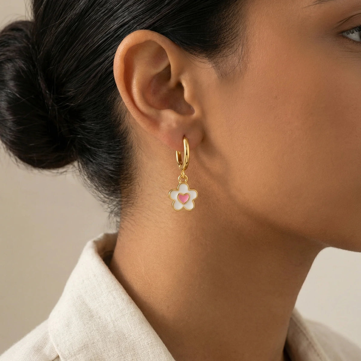 14K Gold Plated Pink Enamel Flower Huggie Hoop Earrings Huggie Hoop Earrings SPOT