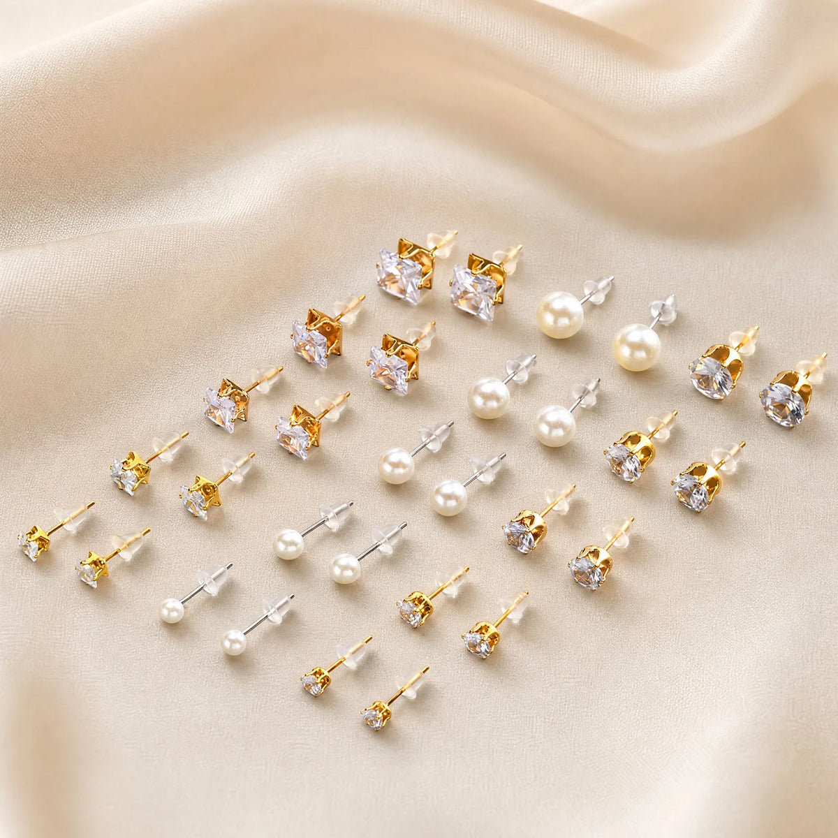 15-Pair Gold Stud Earrings Set – CZ & Faux Pearl for Women Stud Earrings Set SPOT