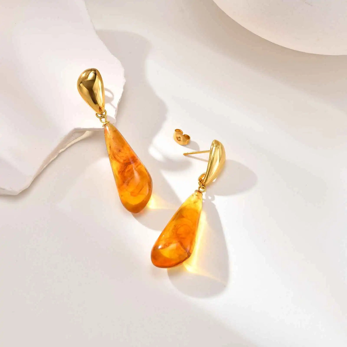Amber Resin Teardrop Dangle Earrings – Gold Statement Drops Dangle Earrings SPOT