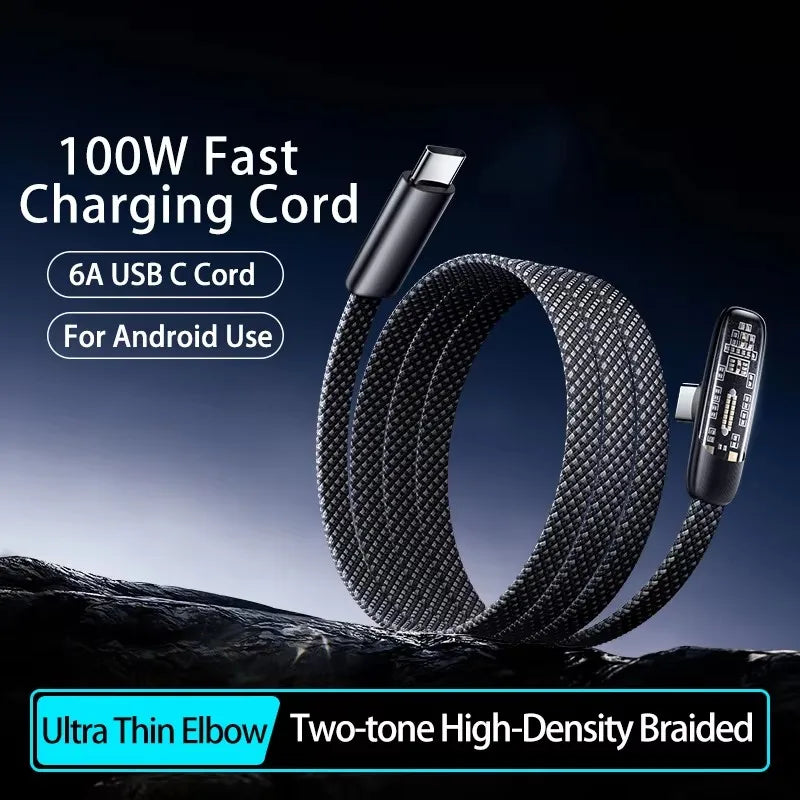 100W USB-C Right-Angle Fast Charging Cable 6A Braided USB-C Charging Cable SPOT