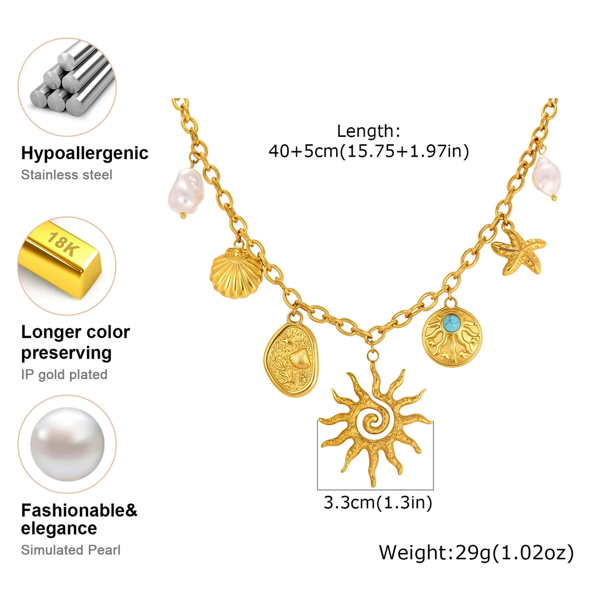 18K Gold Sun Pendant Necklace – Baroque Pearl, Waterproof Steel Pendant Necklace SPOT