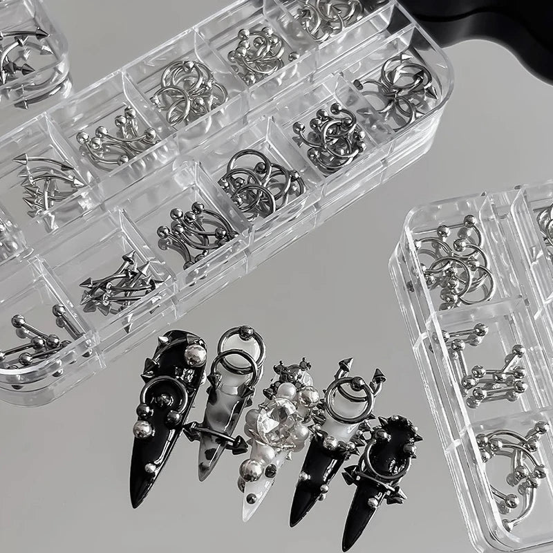 3D Punk Metal Nail Charms Black Silver Alloy Studs 20/30/60pc Nail Art Charms SPOT
