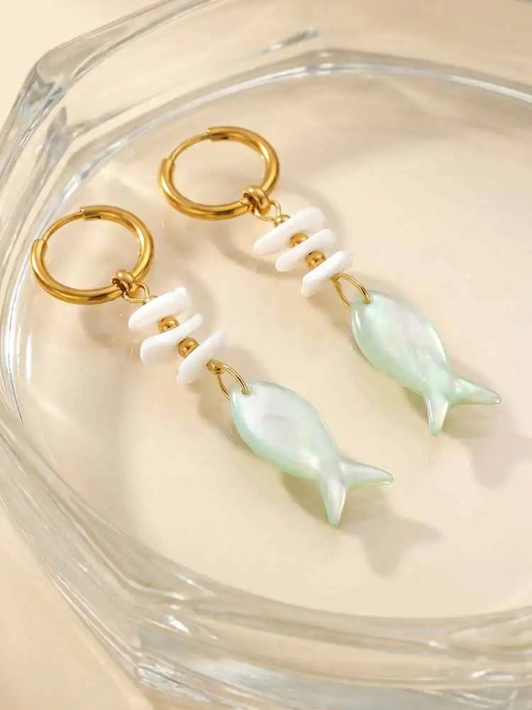 Ocean Fish Drop Earrings – 18K Gold Shell Bead Dangles Drop Dangle Earrings SPOT