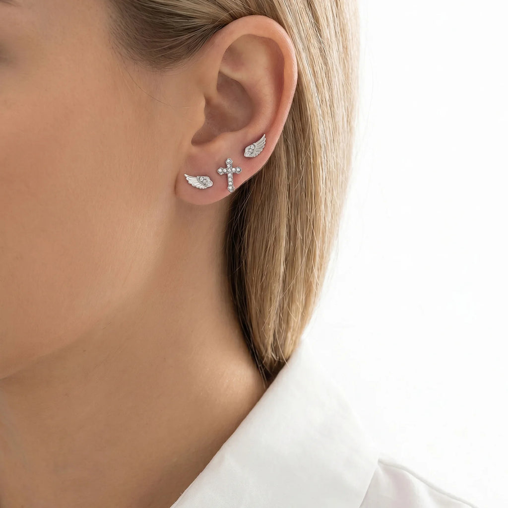 Gothic Cross Angel Wings Stud Earrings Set – 3Pcs CZ Silver Stud Earring Set SPOT