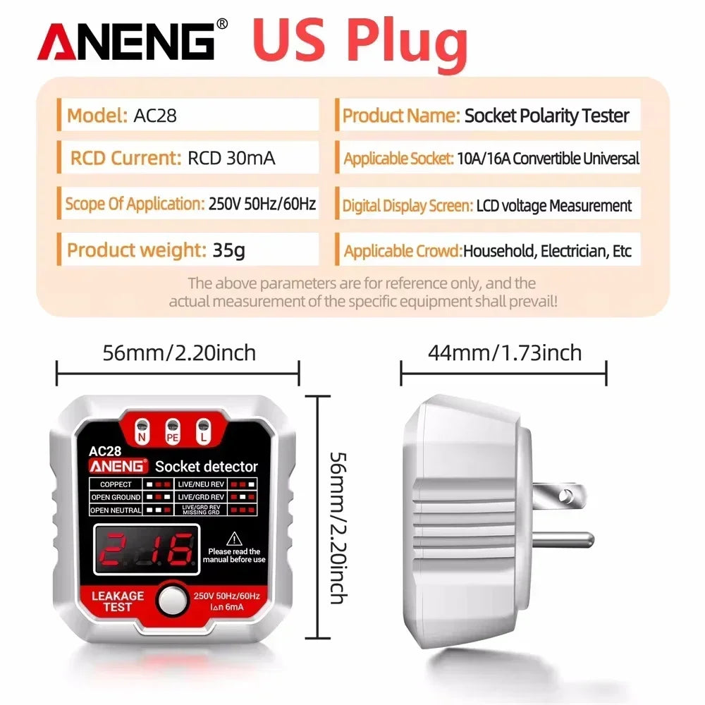 ANENG AC28 Socket Tester – LCD Polarity & Voltage Detector Socket Tester SPOT US Plug(White)