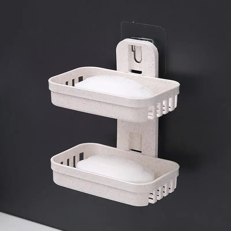 Wheat Straw Wall-Mounted Soap Dish – No-Drill Drainage Wall-Mounted Soap Dish SPOT double Beige