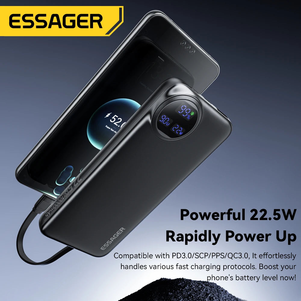 Essager 20000mAh Power Bank 22.5W PD Fast Charge Built-In Cables Portable Power Bank SPOT