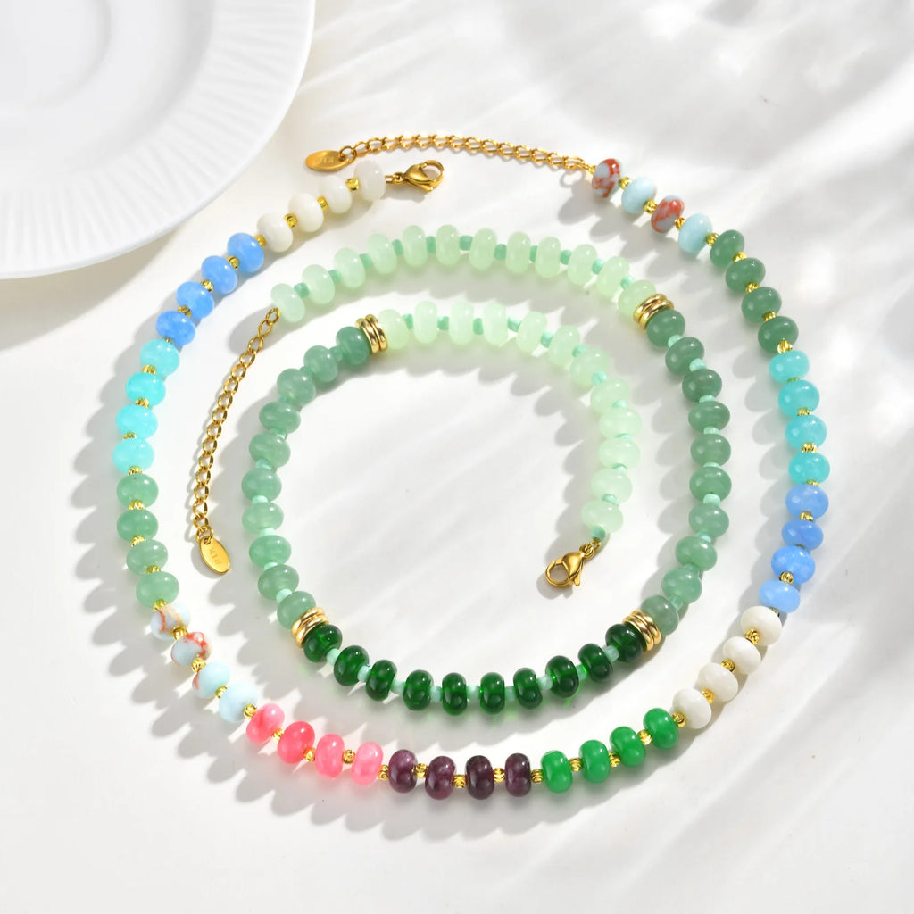 Boho Natural Gemstone Beaded Necklace – Stainless Steel Women Beaded Stone Necklace SPOT
