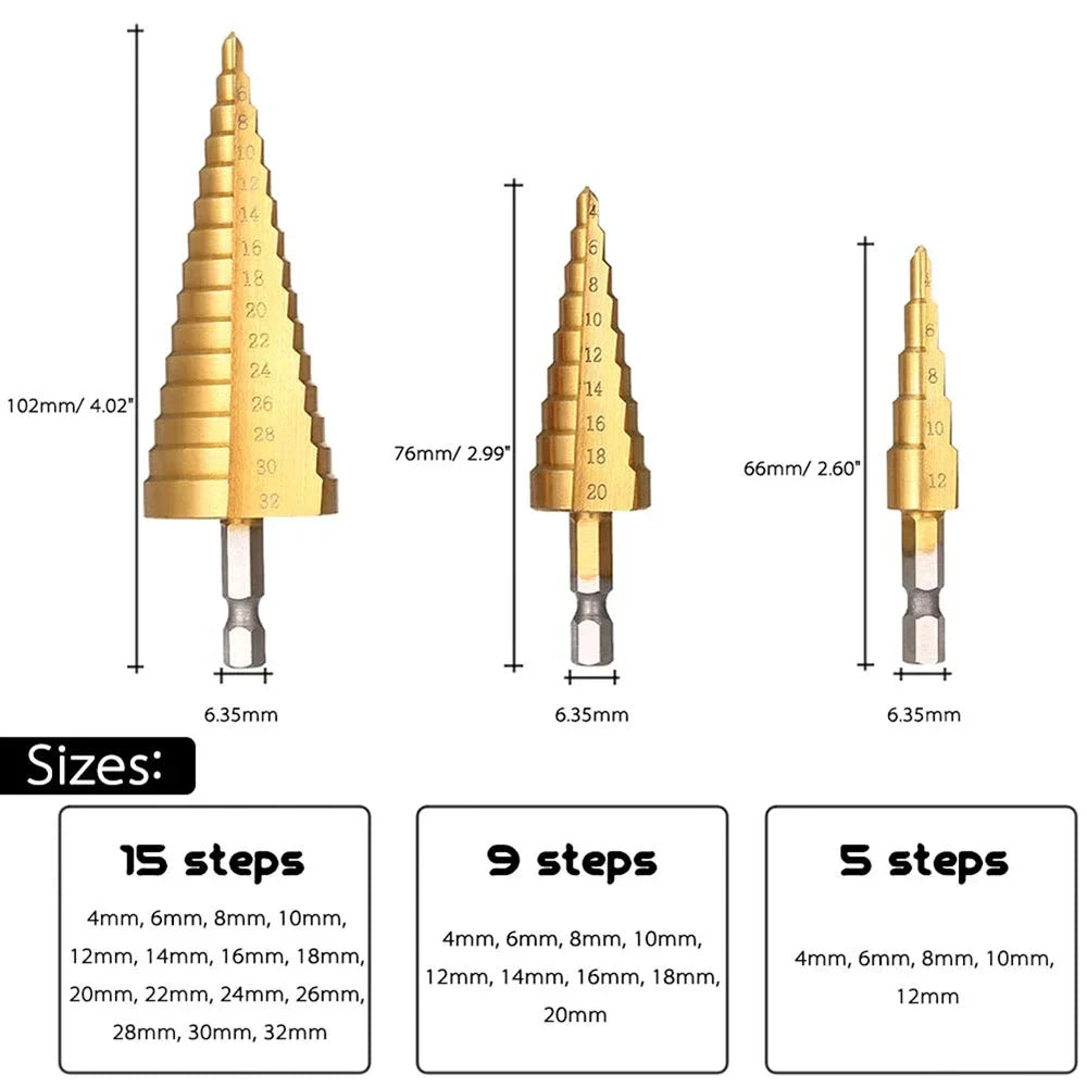 HSS Titanium Step Drill Bit Set – 3-12mm, 4-12mm, 4-20mm Step Drill Bit Set SPOT