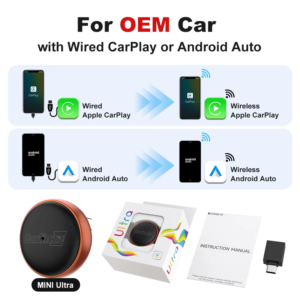 CarlinKit Mini Ultra Wireless CarPlay & Android Auto Adapter Wireless CarPlay Adapter SPOT Mini Ultra CP AA wired to wireless