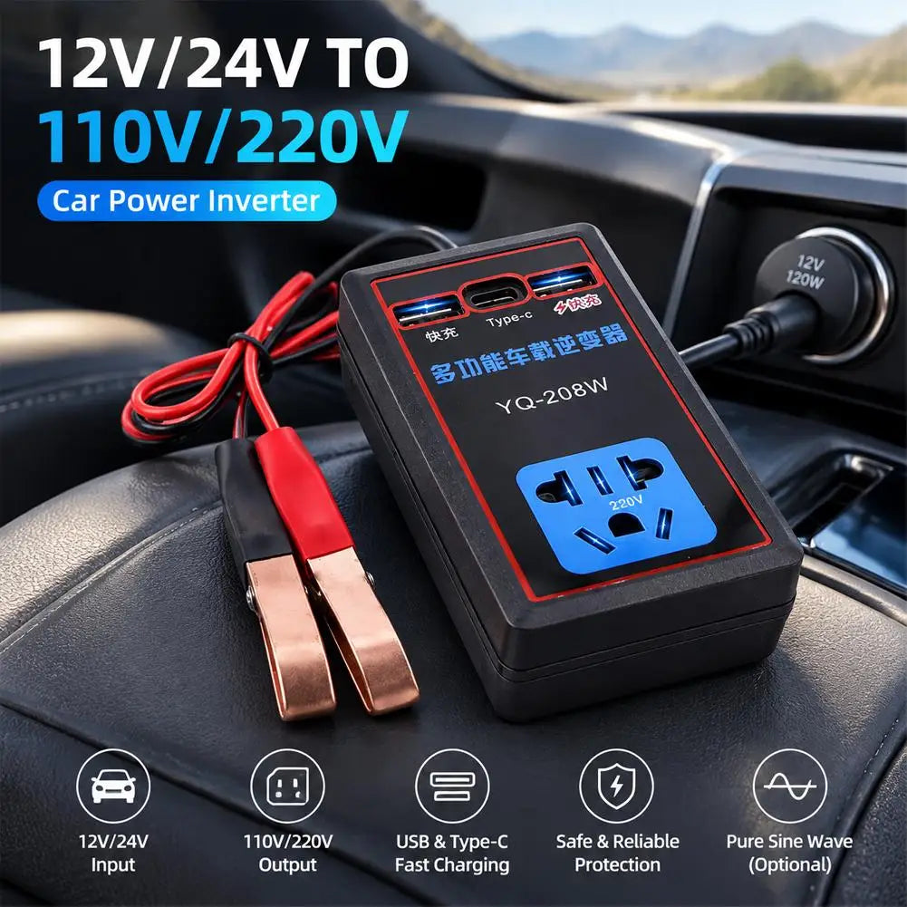 Car Power Inverter 12/24V to 110/220V with USB & Battery Clips Car Power Inverter SPOT