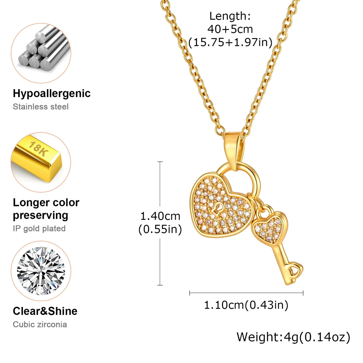 Heart Lock & Key Necklace – 18K Gold Plated CZ Pendant for Women Pendant Necklace SPOT
