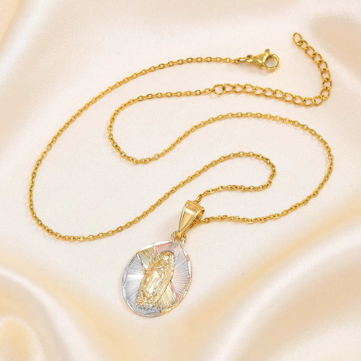 Tri-Color Gold Virgin Mary Guadalupe Pendant Necklace Gift Pendant Necklace SPOT