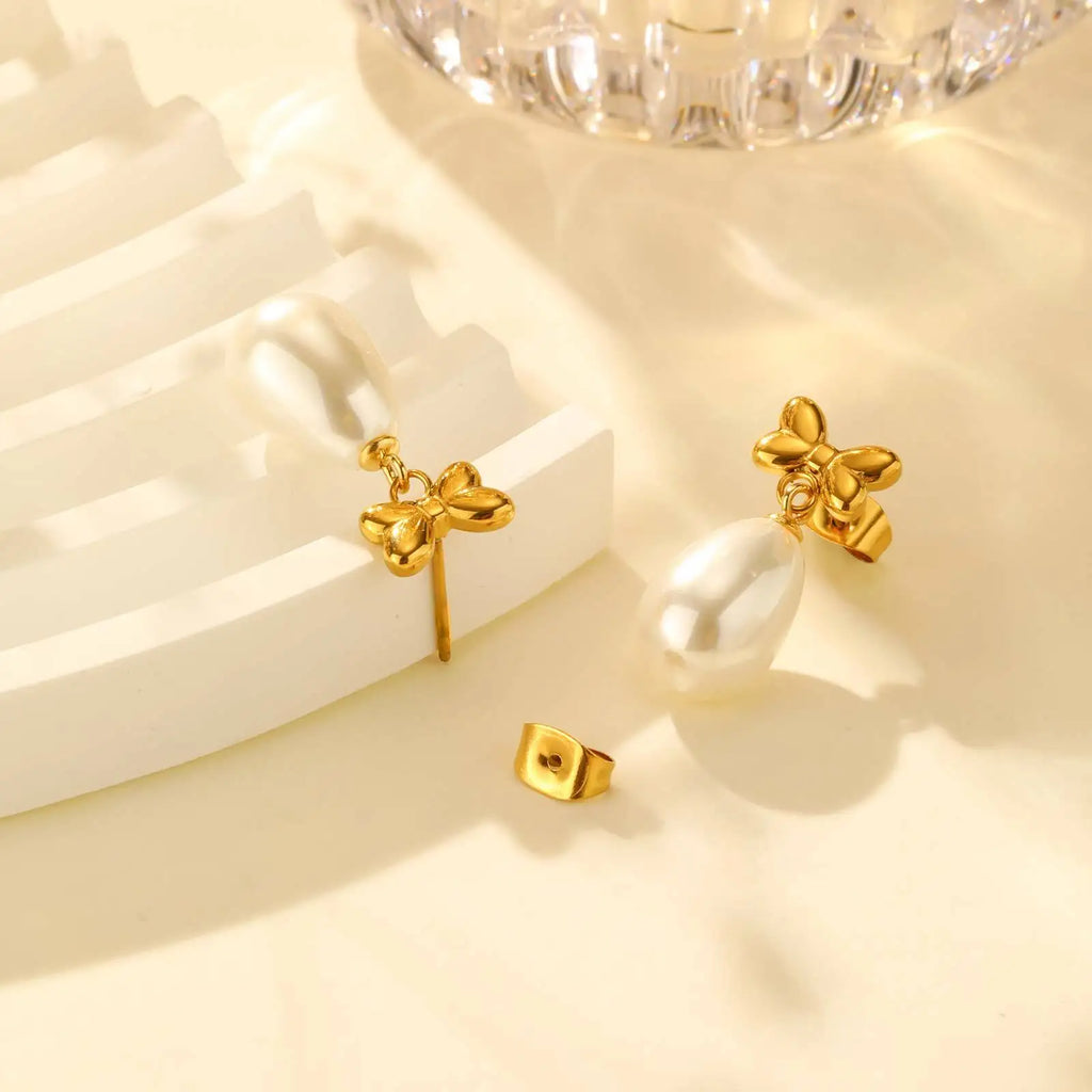 Bow Pearl Drop Earrings – Gold Bowknot Dangle for Women Drop Dangle Earrings SPOT