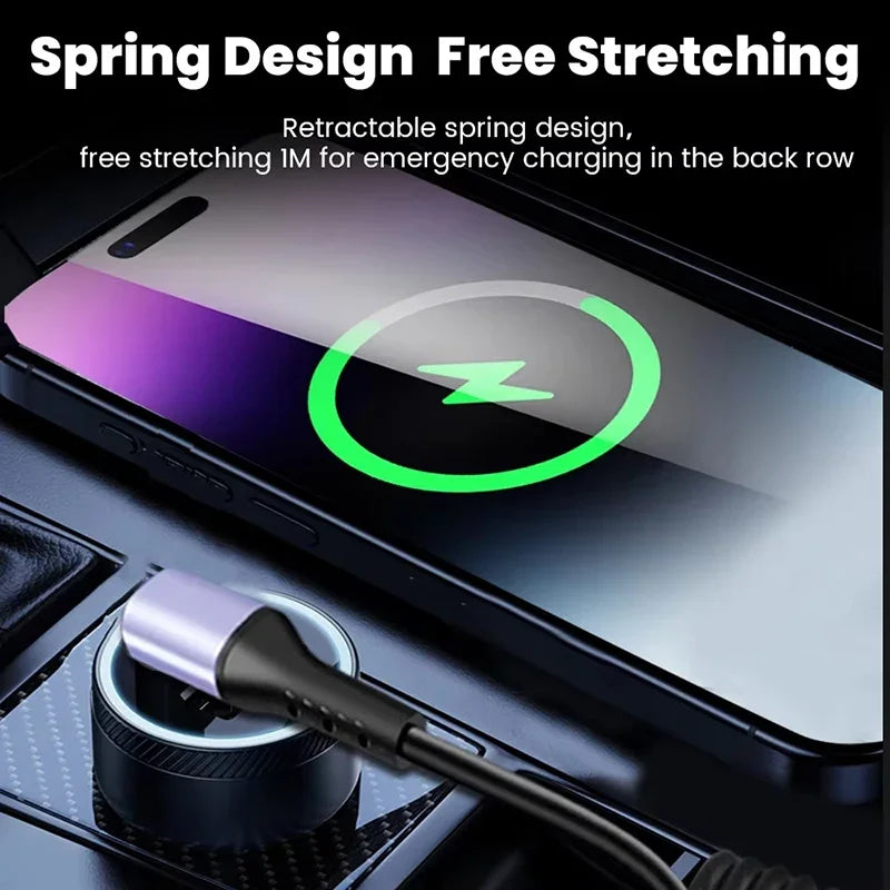 66W Retractable USB-C Cable – 6A Fast Charging Spring Coil USB-C Charging Cable SPOT