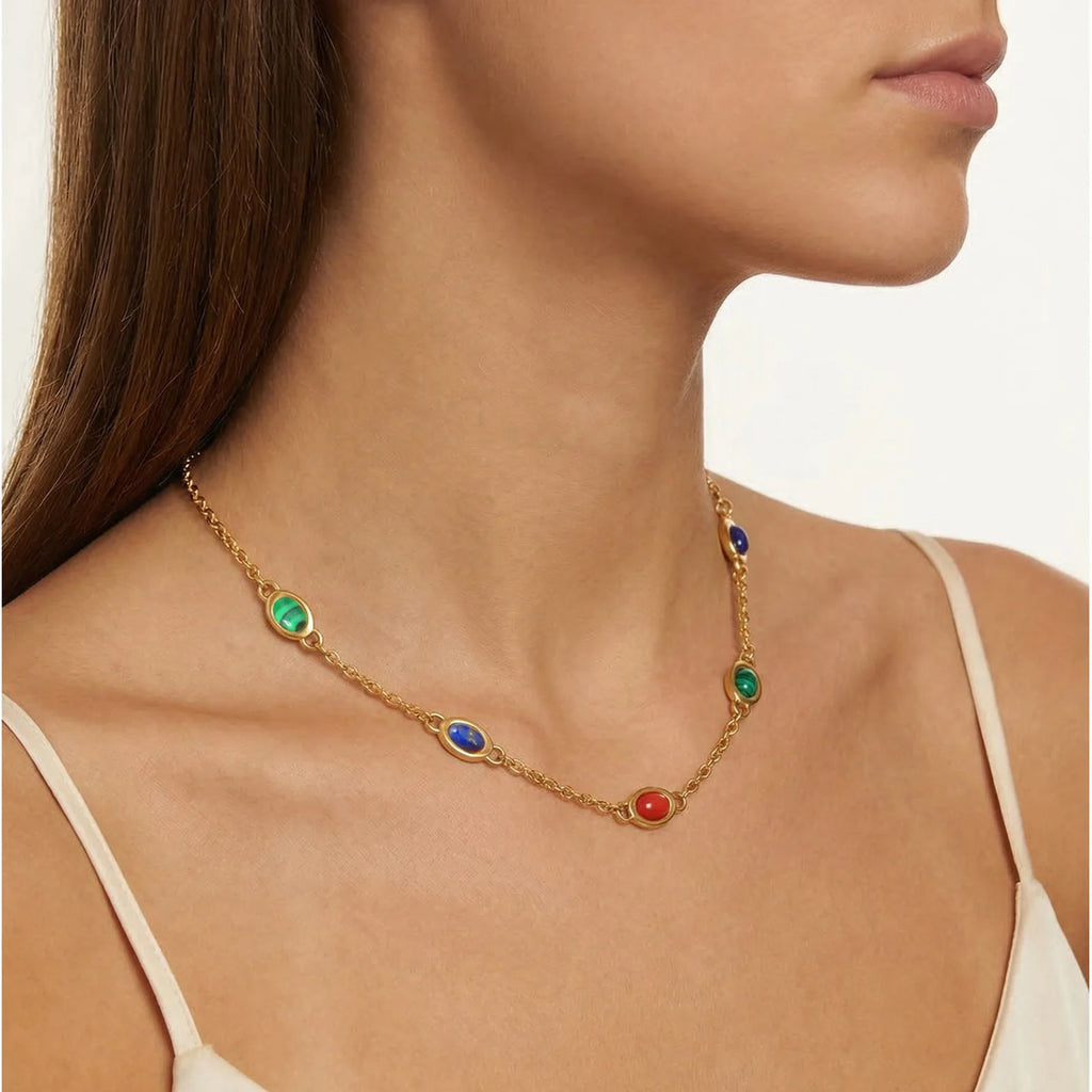 18K Gold Plated Natural Stone Station Necklace – Malachite & Lapis Station Necklace SPOT Default Title