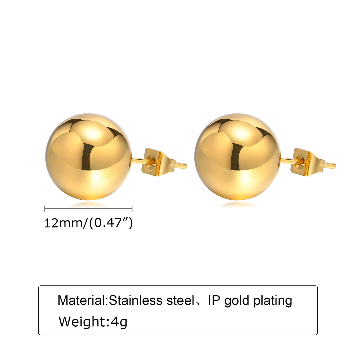 12mm Gold Ball Stud Earrings – Stainless Steel Women's Gift Stud Earrings SPOT