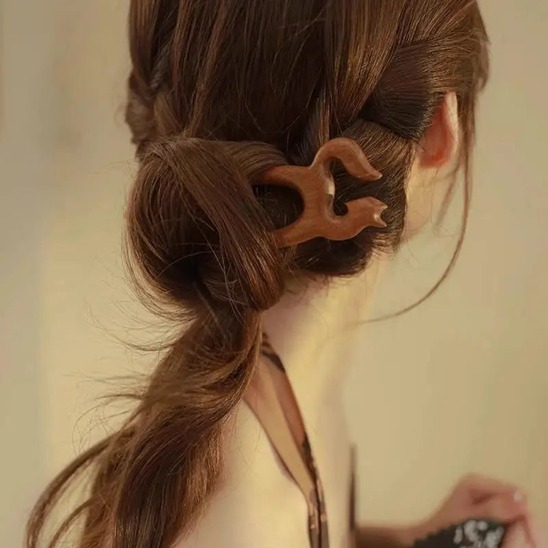 Wooden U-Shape Hair Stick Fork – Cat & Butterfly Chinese Style Wooden Hair Stick SPOT