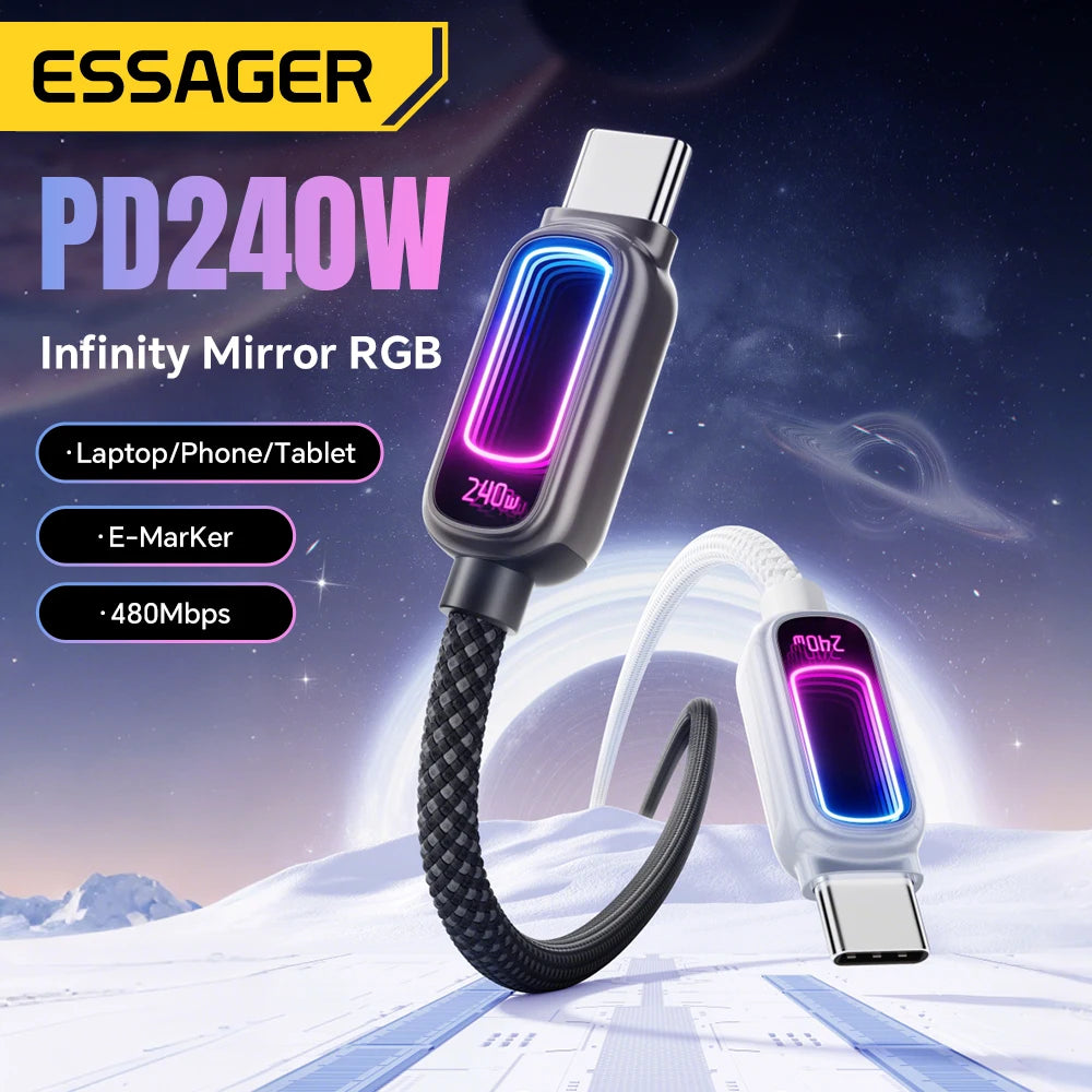 Essager 240W USB-C Cable 5A PD3.1 Fast Charging E-Marker LED USB-C Charging Cable SPOT