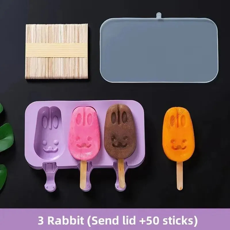 Silicone Popsicle Molds with Lid – Cute Cartoon DIY Ice Lolly Popsicle Mold SPOT 3 rabbits