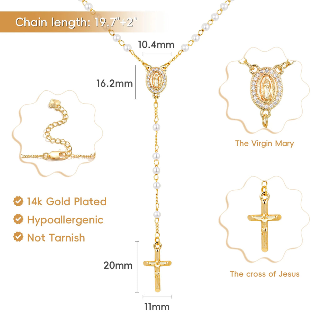 Catholic Rosary Necklace White Pearl Gold Cross Pendant Religious Pendant Necklace SPOT