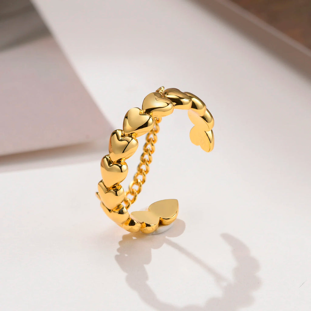 Meaeguet Heart Link Chain Ring – 18K Gold Plated, Adjustable Fashion Ring SPOT