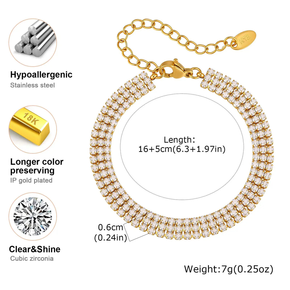 3-Row Tennis Bracelet – 18K Gold Plated CZ Stainless Steel Tennis Bracelet SPOT