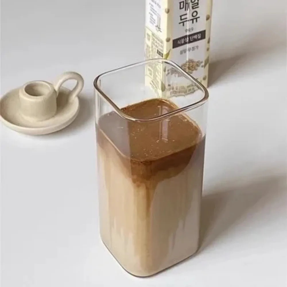 Square Glass Cup with Lid & Straw – 400ml Transparent Mug Glass Cup SPOT