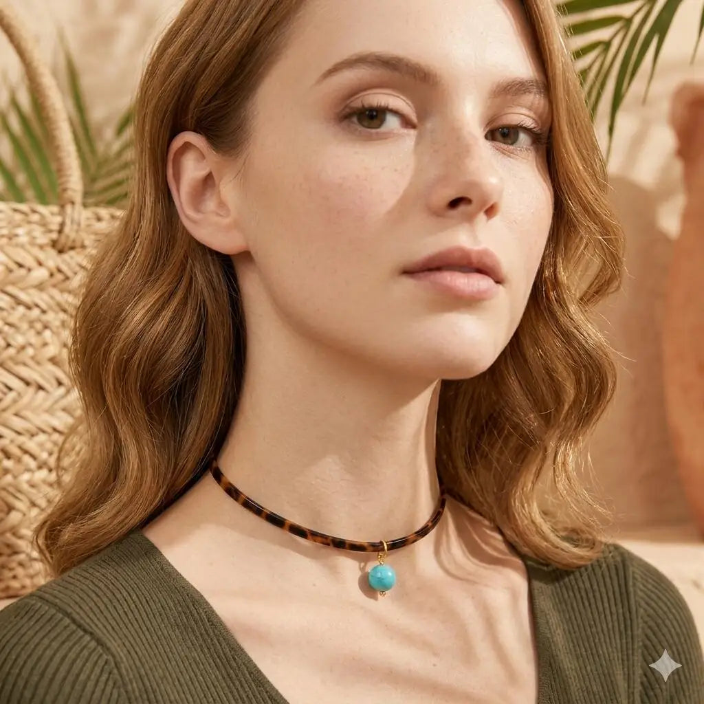 Leopard Leather Choker – 18K Gold Plated Turquoise Pendant Choker Necklace SPOT