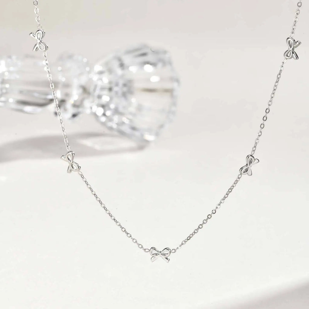 Dainty Bow Necklace – Silver Bowknot Choker for Women Bow Choker Necklace SPOT