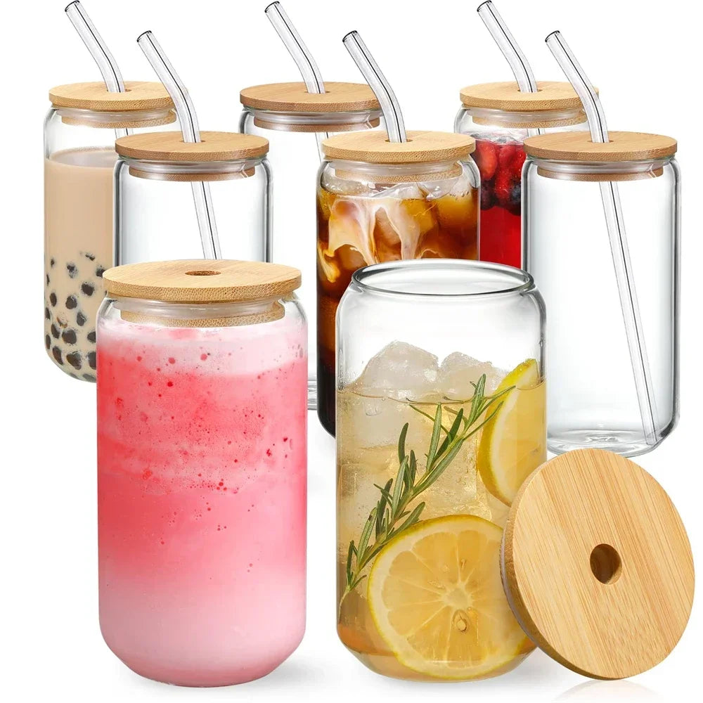 Glass Cup with Bamboo Lid & Straw – 350ml/550ml Mason Jar Mug Glass Drinkware Set SPOT