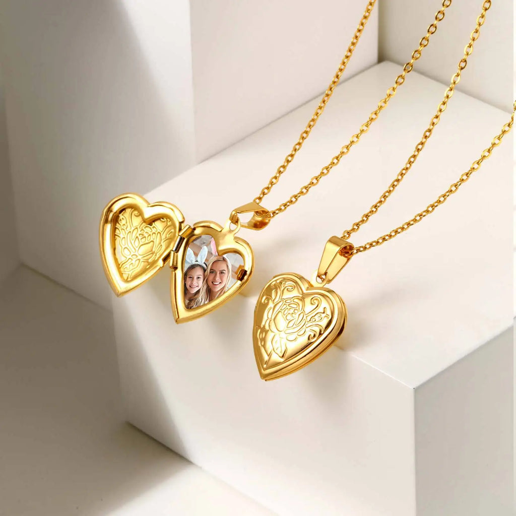 Personalized Photo Heart Locket Necklace – Vintage Flower Gold Locket Pendant Necklace SPOT