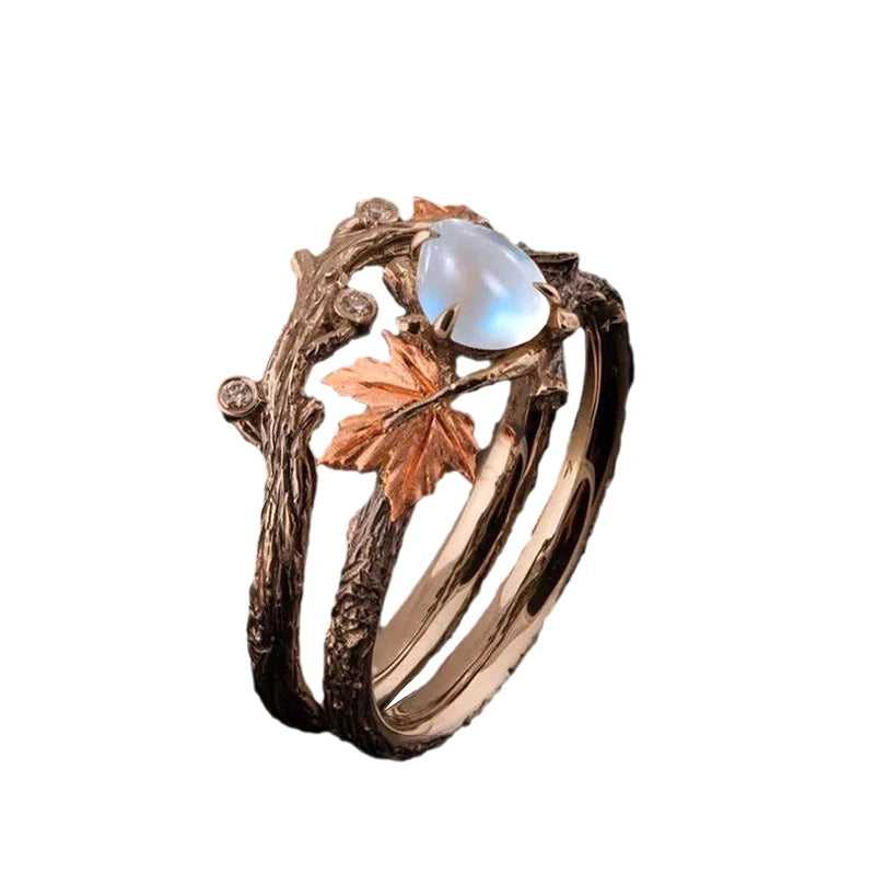 Vintage Gold Maple Leaf Moonstone Ring for Women | Gift Fashion Ring SPOT
