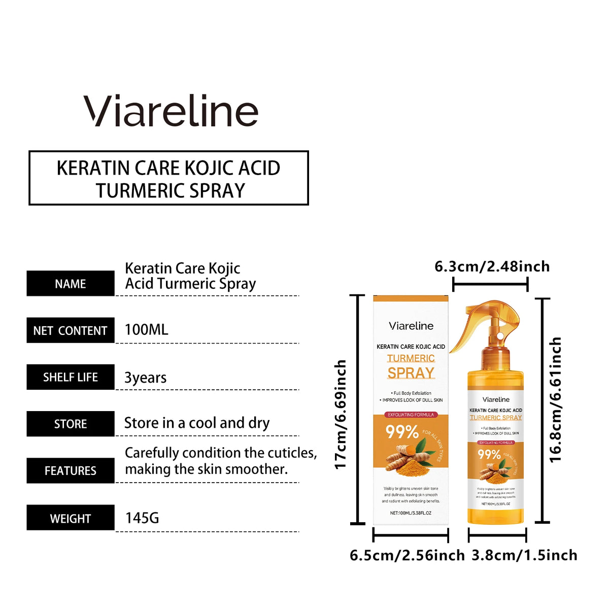 OceAura Kojic Acid Turmeric Exfoliating Body Spray 100ml Body Exfoliating Spray SPOT 1pcs -C