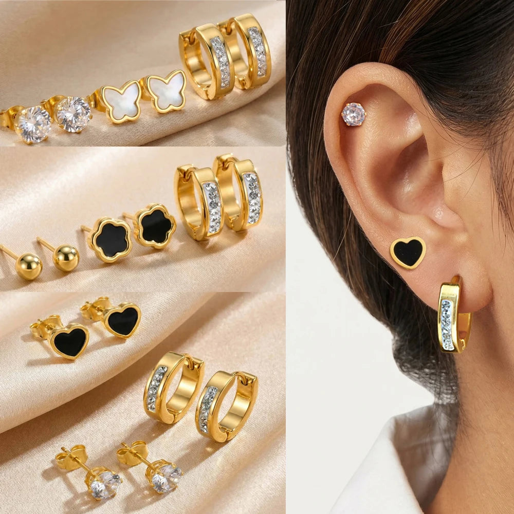 Gold Plated Black Flower Stud & CZ Hoop Earrings Set for Women Earrings Set SPOT