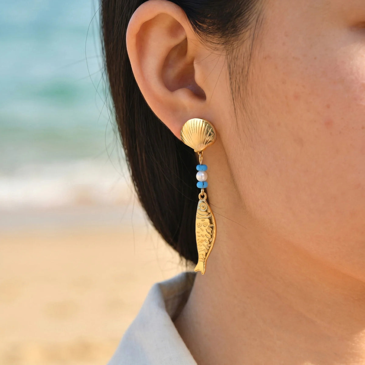 Gold Fish Drop Earrings – Turquoise Pearl Shell | Waterproof Drop Earrings SPOT