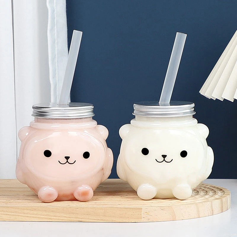 500ml Cartoon Bear PET Beverage Bottle with Lid | Takeaway Beverage Bottle SPOT