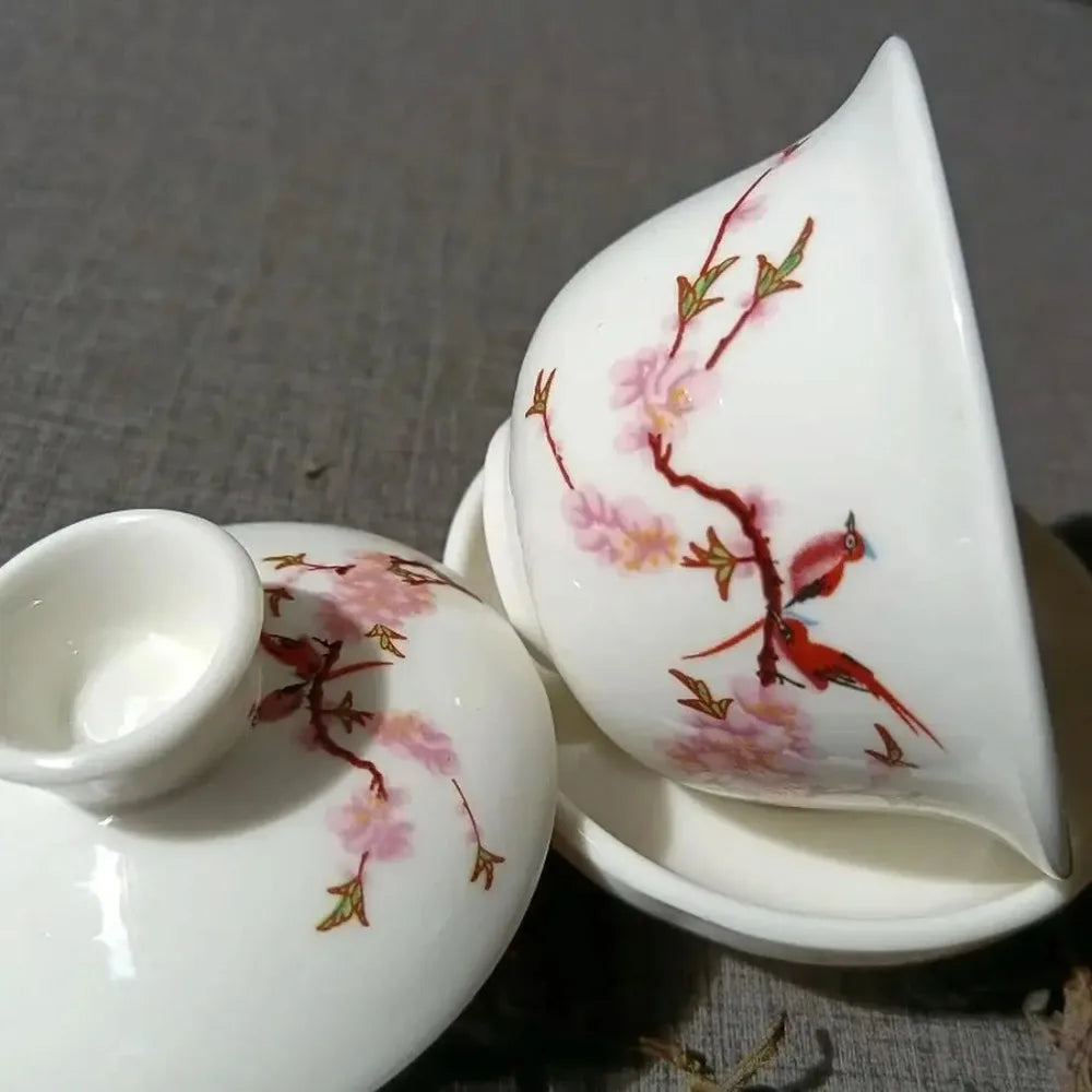 Chinese Porcelain Sancai Gaiwan Set – 3-Piece Bird-Flower Tea Bowl Porcelain Gaiwan Set SPOT