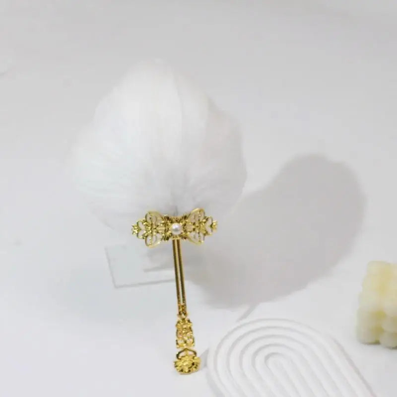 Vintage Fluffy Feather Fan Gold Handle – Stage, Party & Cosplay Decorative Feather Fan SPOT White