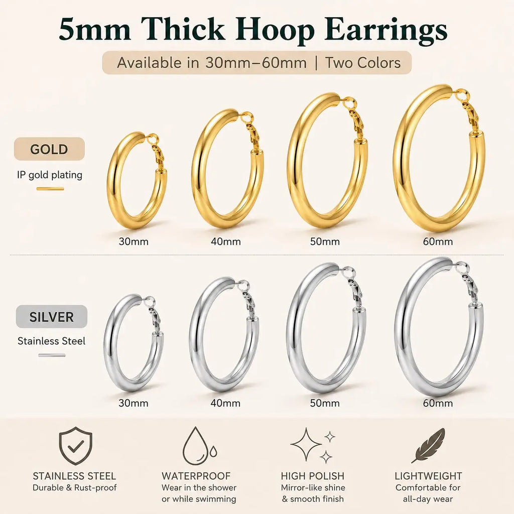 Chunky Gold Hoop Earrings – 18K Plated Stainless Steel 30–60mm Hoop Earrings SPOT