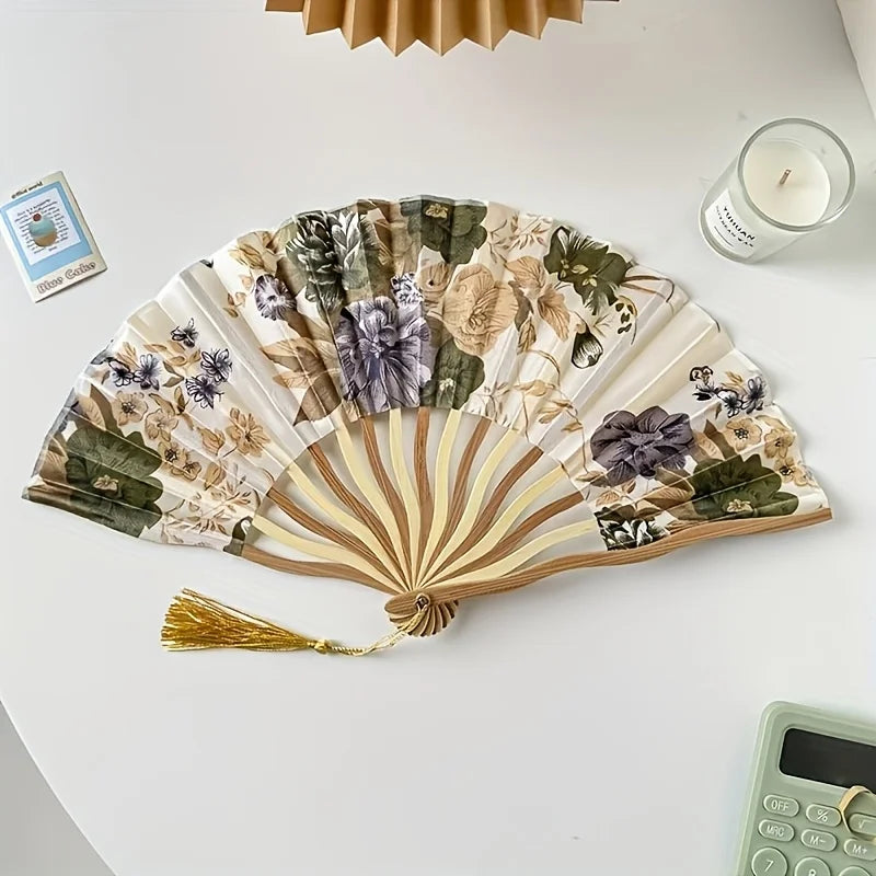 Chinese Ink Painting Folding Fan – Bamboo Cloth Fan with Tassel Decorative Folding Fan SPOT