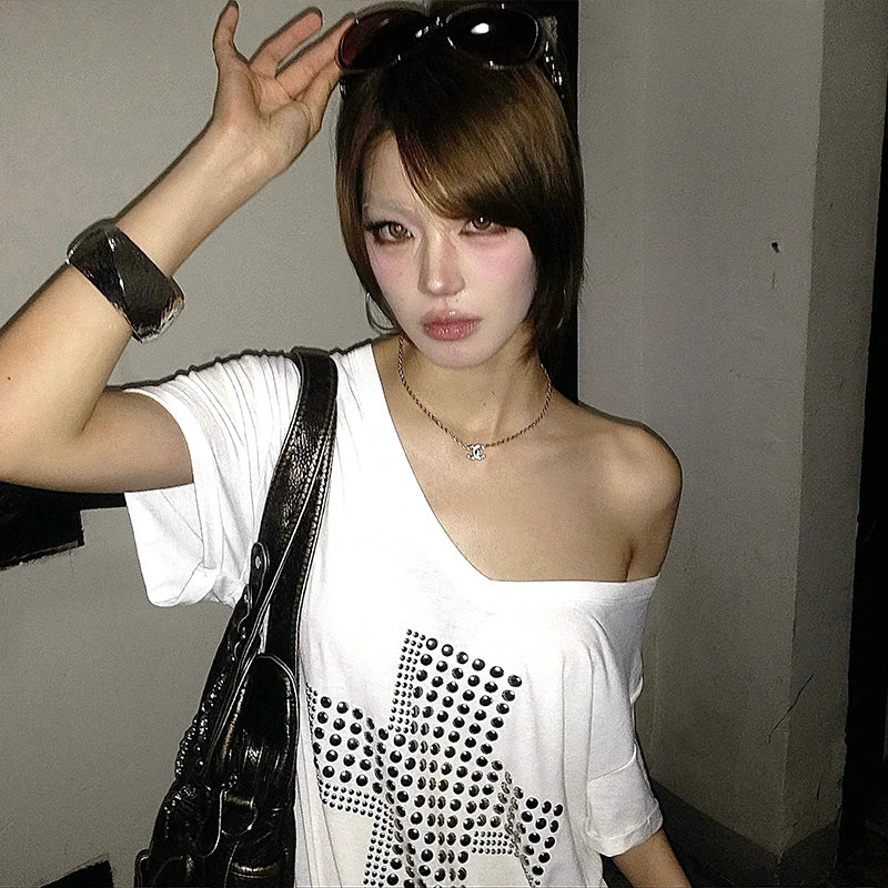 Y2K Metal Cross Print V-Neck T-Shirt | Harajuku Streetwear Women's Graphic Tee SPOT