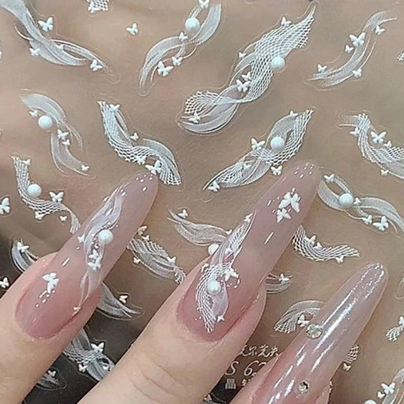 White Lace & Pearl Nail Art Stickers – Adhesive Nail Decals Nail Art Stickers SPOT