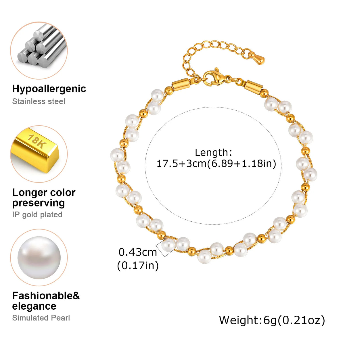 Pearl Bracelet 18K Gold Plated Adjustable – Gift for Women Pearl Chain Bracelet SPOT