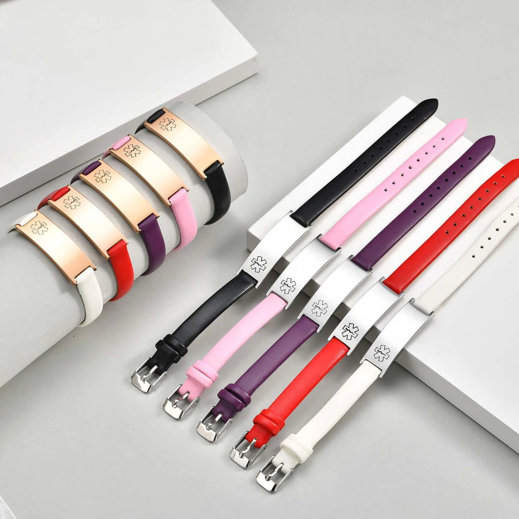Meaeguet Leather Medical Alert ID Bracelet – Free Engraving ID Alert Bracelet SPOT
