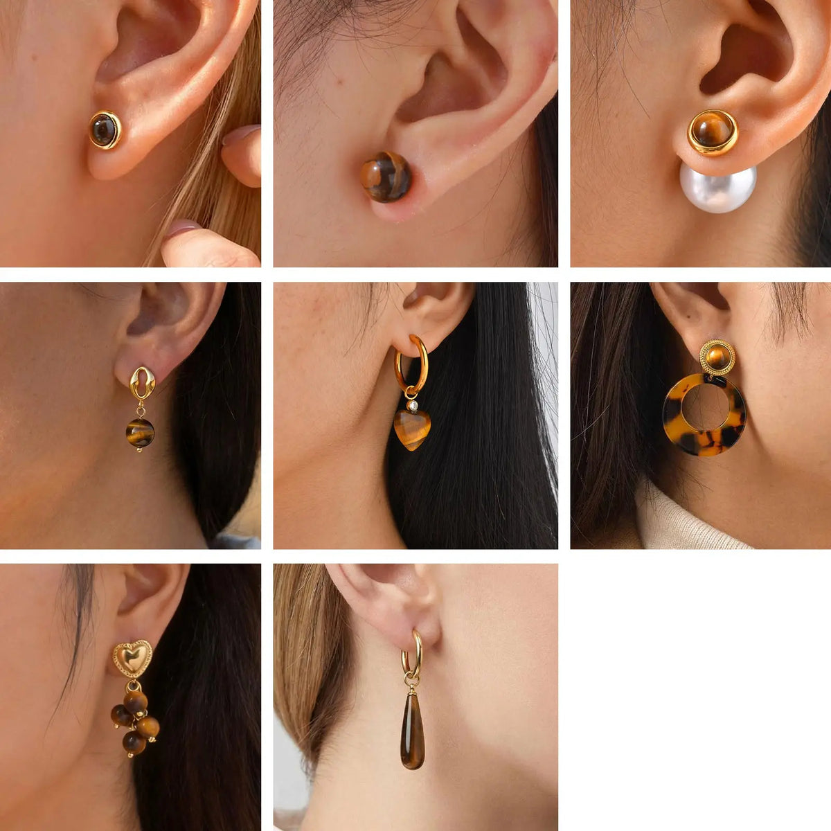 Tiger Eye Stud Earrings – 18K Gold Plated Stainless Steel Stud Earrings SPOT