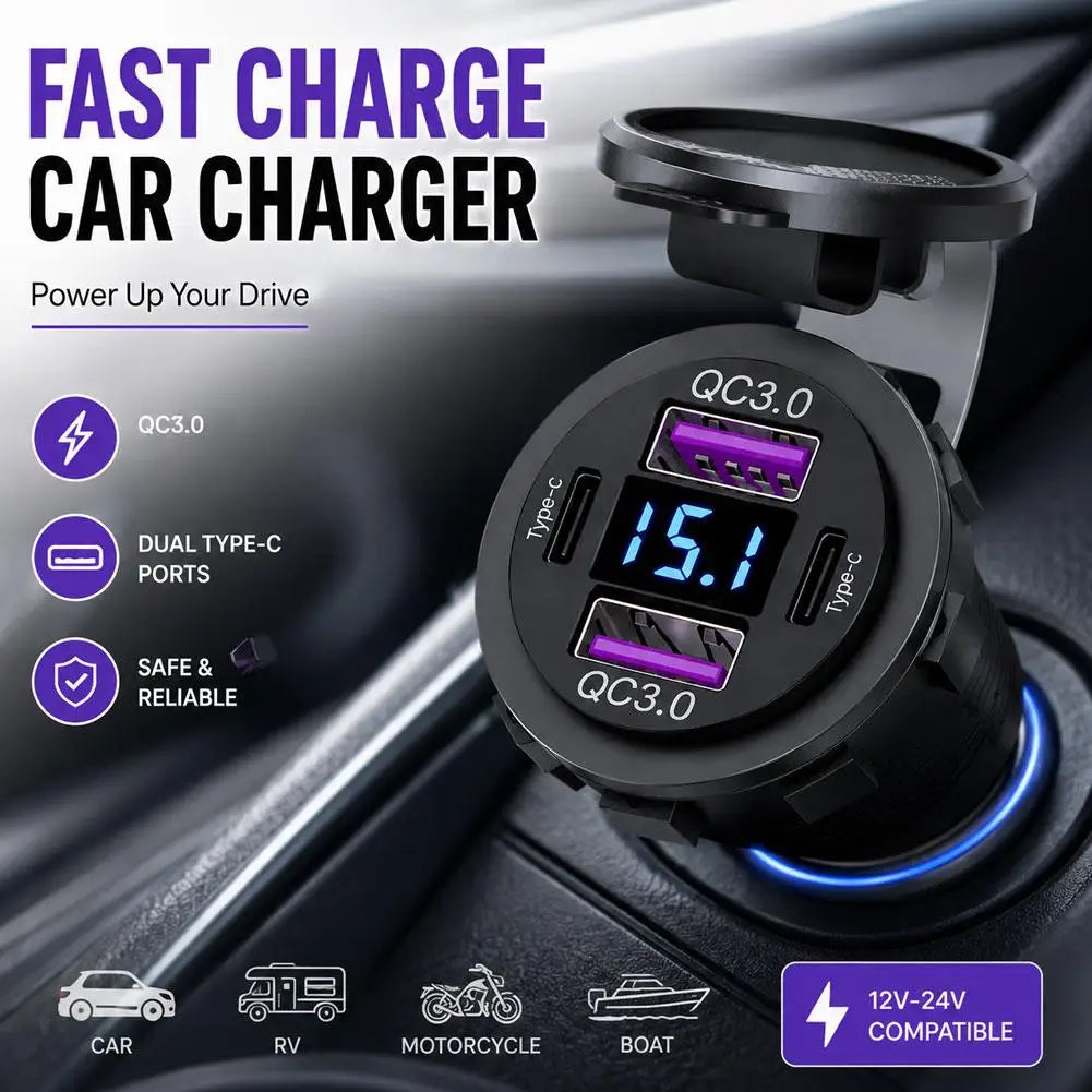 Dual QC3.0 & USB-C Flush Car Charger Socket – LED Voltage Display Car Charger Socket SPOT