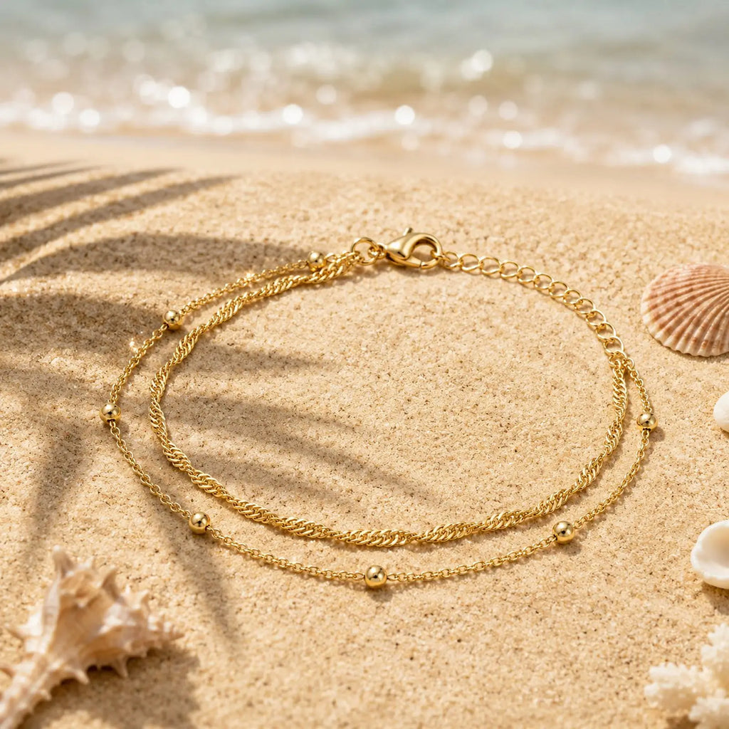 Meaeguet Gold Double Layer Bead Anklet – Tarnish-Free Stainless Steel Bead Anklet SPOT