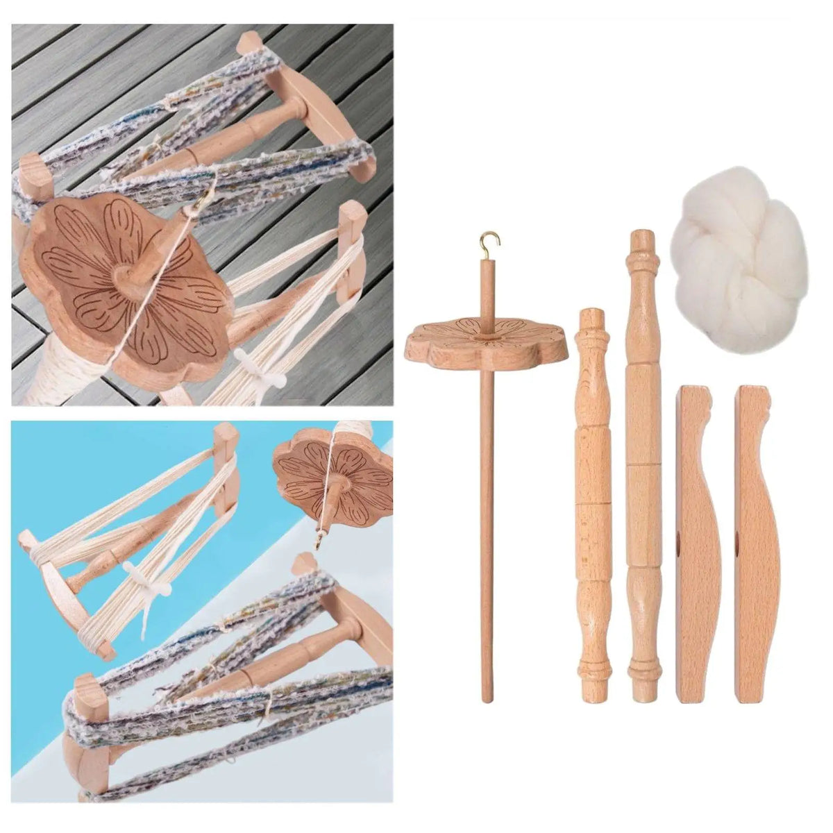 Wooden Niddy Noddy & Turkish Spindle Set – 50g Wool Roving Spinning Tool Set SPOT Default Title
